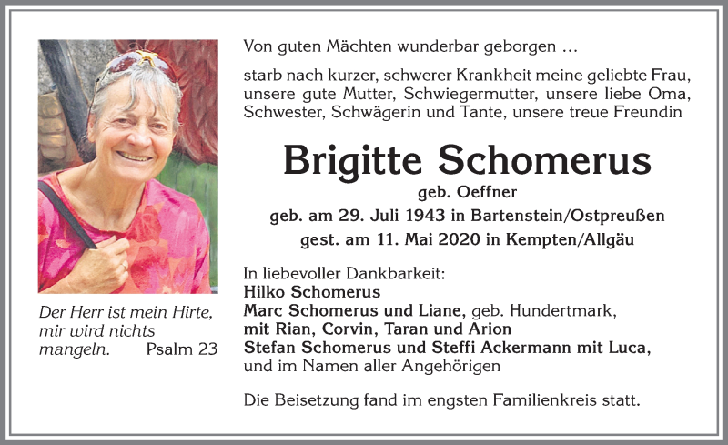  Traueranzeige für Brigitte Schomerus vom 23.05.2020 aus Allgäuer Zeitung,Kempten