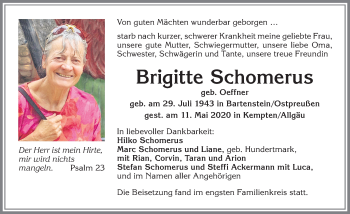 Traueranzeige von Brigitte Schomerus von Allgäuer Zeitung,Kempten