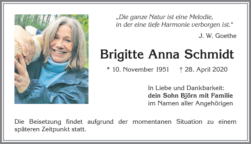  Traueranzeige für Brigitte Anna Schmidt vom 09.05.2020 aus Allgäuer Zeitung,Kempten