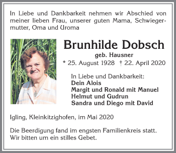 Traueranzeige von Brunhilde Dobsch von Allgäuer Zeitung