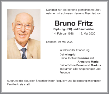 Traueranzeige von Bruno Fritz von Memminger Zeitung