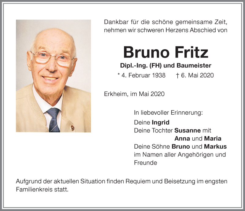  Traueranzeige für Bruno Fritz vom 12.05.2020 aus Memminger Zeitung