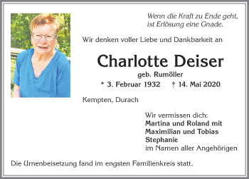 Traueranzeige von Charlotte Deiser von Allgäuer Zeitung,Kempten