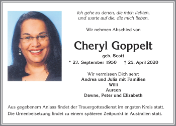 Traueranzeige von Cheryl Goppelt von Allgäuer Zeitung,Kempten
