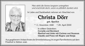 Traueranzeige von Christa Dörr von Allgäuer Zeitung, Marktoberdorf