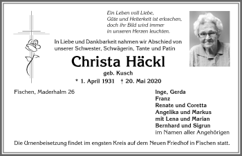 Traueranzeige von Christa Häckl von Allgäuer Anzeigeblatt