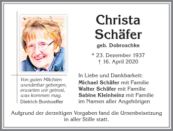 Traueranzeige von Christa Schäfer von Allgäuer Zeitung, Kaufbeuren/Buchloe