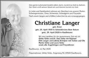 Traueranzeige von Christiane Langer von Allgäuer Zeitung, Kaufbeuren/Buchloe