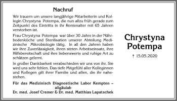 Traueranzeige von Chrystyna Potempa von Allgäuer Zeitung,Kempten