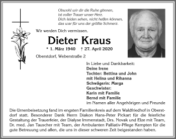 Traueranzeige von Dieter Kraus von Allgäuer Anzeigeblatt