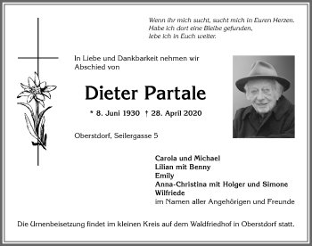 Traueranzeige von Dieter Partale von Allgäuer Anzeigeblatt