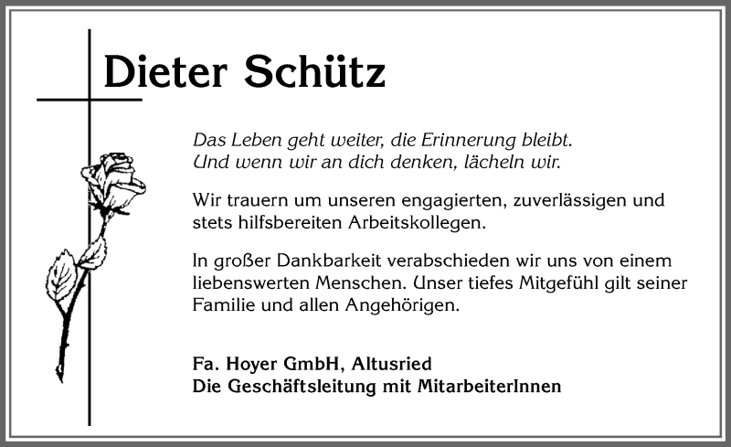  Traueranzeige für Dieter Schütz vom 29.05.2020 aus Allgäuer Zeitung,Kempten