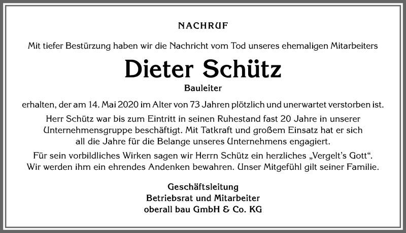  Traueranzeige für Dieter Schütz vom 27.05.2020 aus Allgäuer Zeitung,Kempten