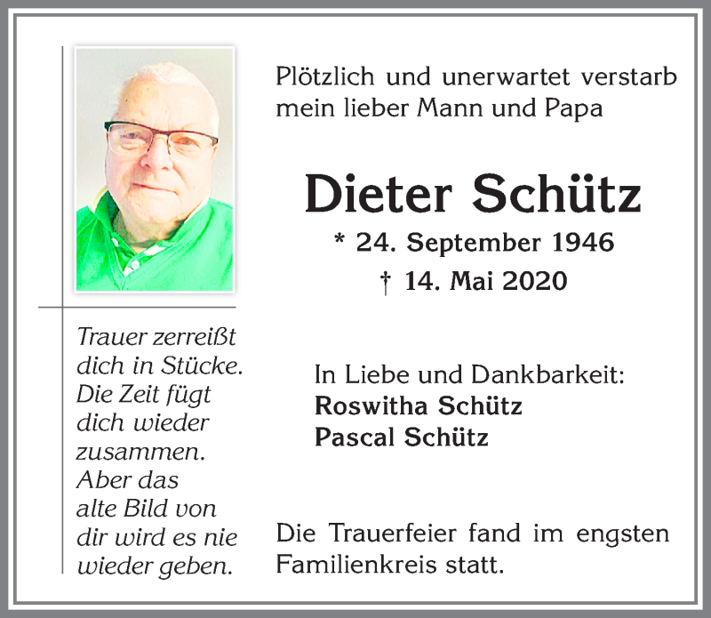  Traueranzeige für Dieter Schütz vom 20.05.2020 aus Allgäuer Zeitung,Kempten