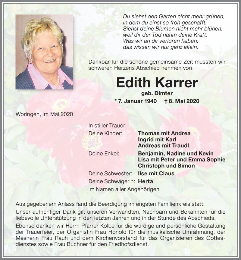  Traueranzeige für Edith Karrer vom 14.05.2020 aus Memminger Zeitung