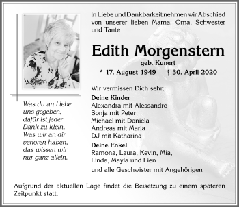Traueranzeige von Edith Morgenstern von Allgäuer Zeitung,Kempten