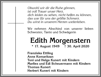 Traueranzeige von Edith Morgenstern von Allgäuer Zeitung,Kempten