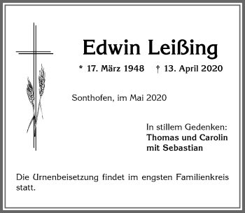 Traueranzeige von Edwin Leißing von Allgäuer Anzeigeblatt