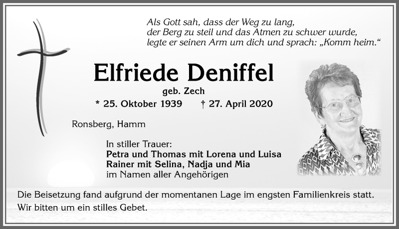  Traueranzeige für Elfriede Deniffel vom 06.05.2020 aus Allgäuer Zeitung, Marktoberdorf