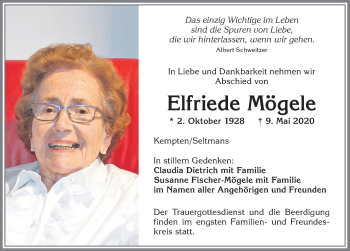Traueranzeige von Elfriede Mögele von Allgäuer Zeitung,Kempten