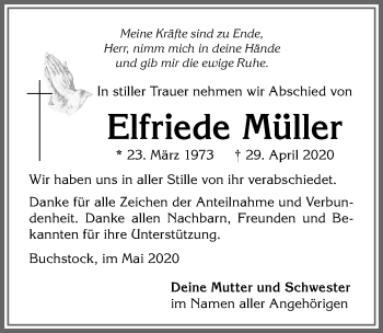 Traueranzeige von Elfriede Müller von Allgäuer Zeitung, Marktoberdorf