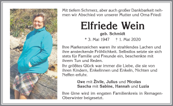 Traueranzeige von Elfriede Wein von Allgäuer Zeitung