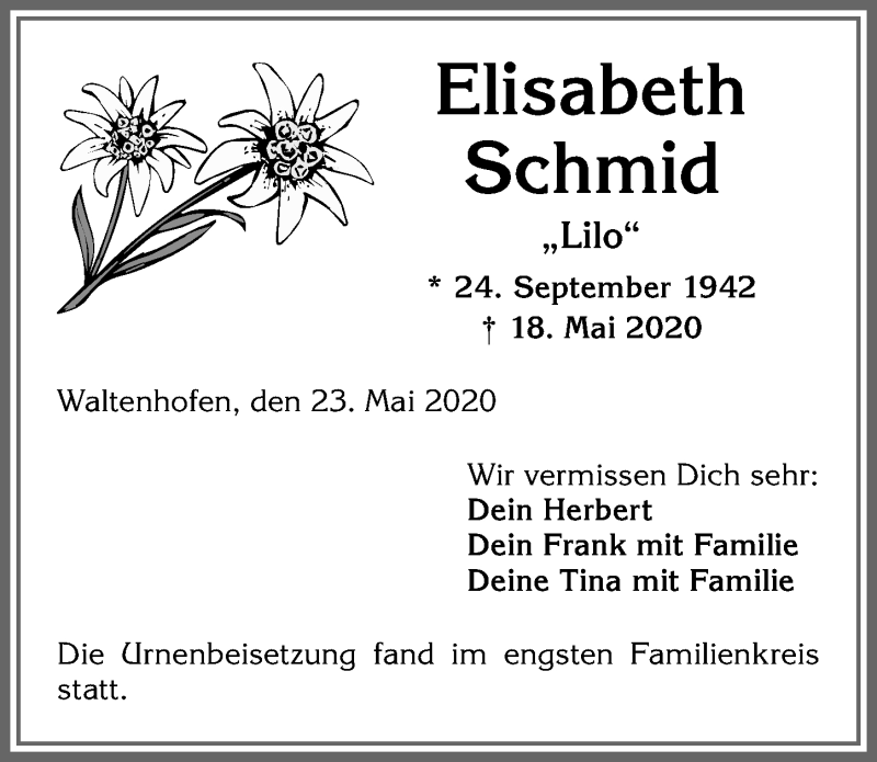 Traueranzeige für Elisabeth Schmid vom 23.05.2020 aus Allgäuer Zeitung,Kempten