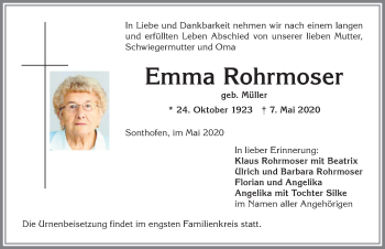 Traueranzeige von Emma Rohrmoser von Allgäuer Anzeigeblatt