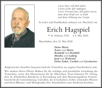 Traueranzeige von Erich Hagspiel von Der Westallgäuer