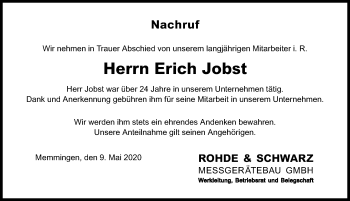 Traueranzeige von Erich Jobst von Memminger Zeitung