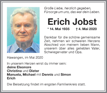 Traueranzeige von Erich Jobst von Memminger Zeitung
