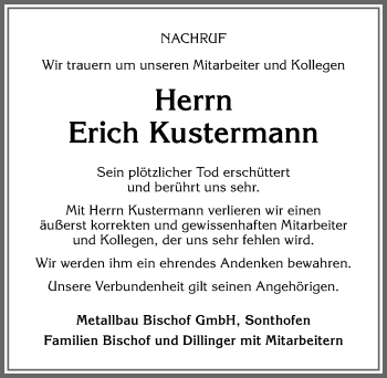 Traueranzeige von Erich Kustermann von Allgäuer Zeitung, Marktoberdorf