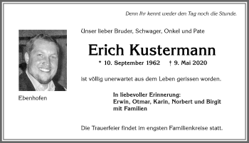 Traueranzeige von Erich Kustermann von Allgäuer Zeitung, Marktoberdorf