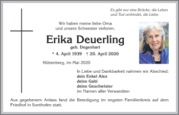Traueranzeige von Erika Deuerling von Allgäuer Zeitung