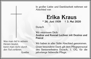 Traueranzeige von Erika Kraus von Allgäuer Zeitung,Kempten