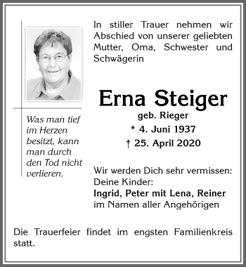 Traueranzeige von Erna Steiger von Allgäuer Zeitung,Kempten