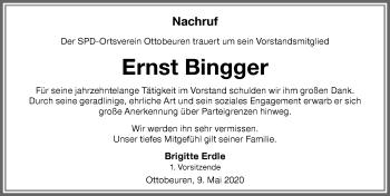 Traueranzeige von Ernst Bingger von Memminger Zeitung