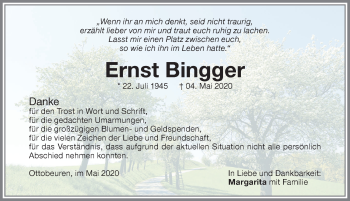 Traueranzeige von Ernst Bingger von Memminger Zeitung