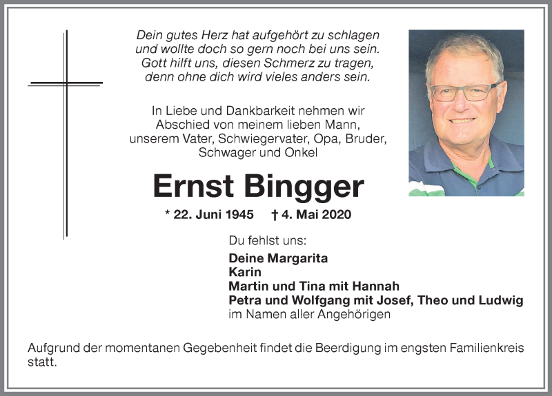  Traueranzeige für Ernst Bingger vom 08.05.2020 aus Memminger Zeitung