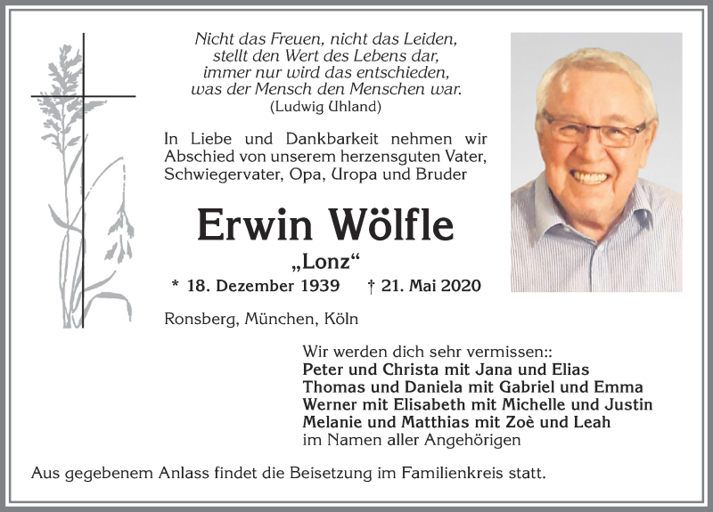  Traueranzeige für Erwin Wölfle vom 30.05.2020 aus Allgäuer Zeitung, Marktoberdorf