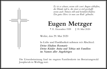 Traueranzeige von Eugen Metzger von Der Westallgäuer