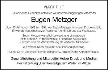 Traueranzeige von Eugen Metzger von Der Westallgäuer