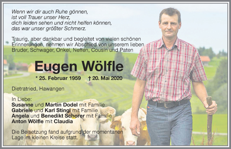  Traueranzeige für Eugen Wölfle vom 30.05.2020 aus Memminger Zeitung