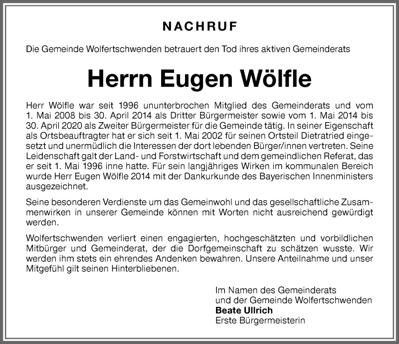  Traueranzeige für Eugen Wölfle vom 30.05.2020 aus Memminger Zeitung