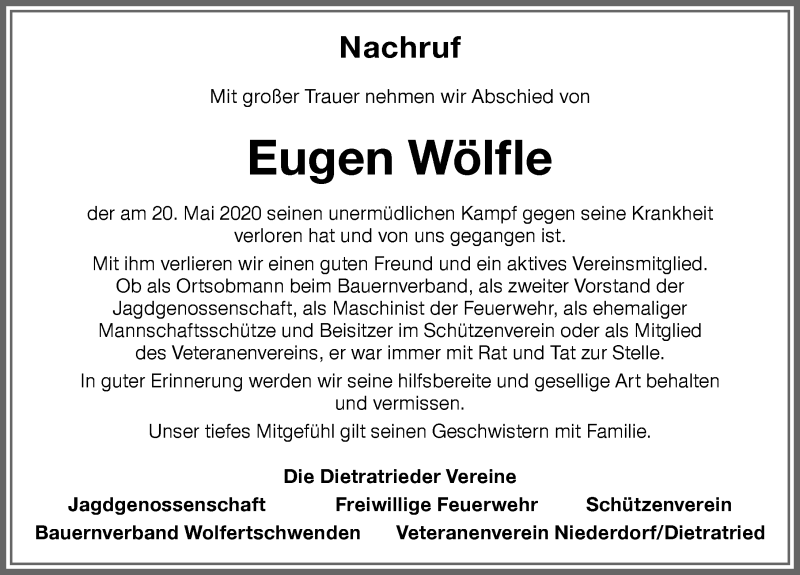  Traueranzeige für Eugen Wölfle vom 30.05.2020 aus Memminger Zeitung