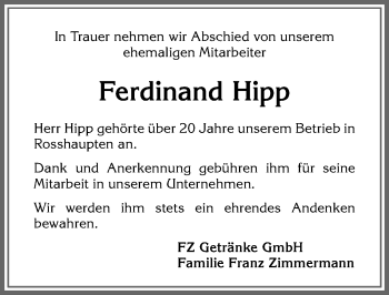 Traueranzeige von Ferdinand Hipp von Allgäuer Zeitung, Füssen