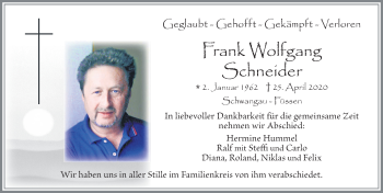 Traueranzeige von Frank Wolfgang Schneider von Allgäuer Zeitung, Füssen