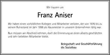 Traueranzeige von Franz Aniser von Allgäuer Zeitung,Kempten