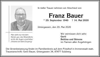 Traueranzeige von Franz Bauer von Allgäuer Anzeigeblatt