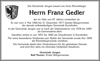 Traueranzeige von Franz Gedler von Allgäuer Zeitung, Kaufbeuren/Buchloe